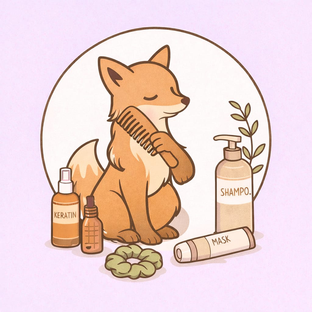 Ilustrācija ar lapsu, kas kopj savus matus